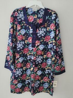 Floral Satin Nightshirt - Navy with Pink & Blue Blooms Size L